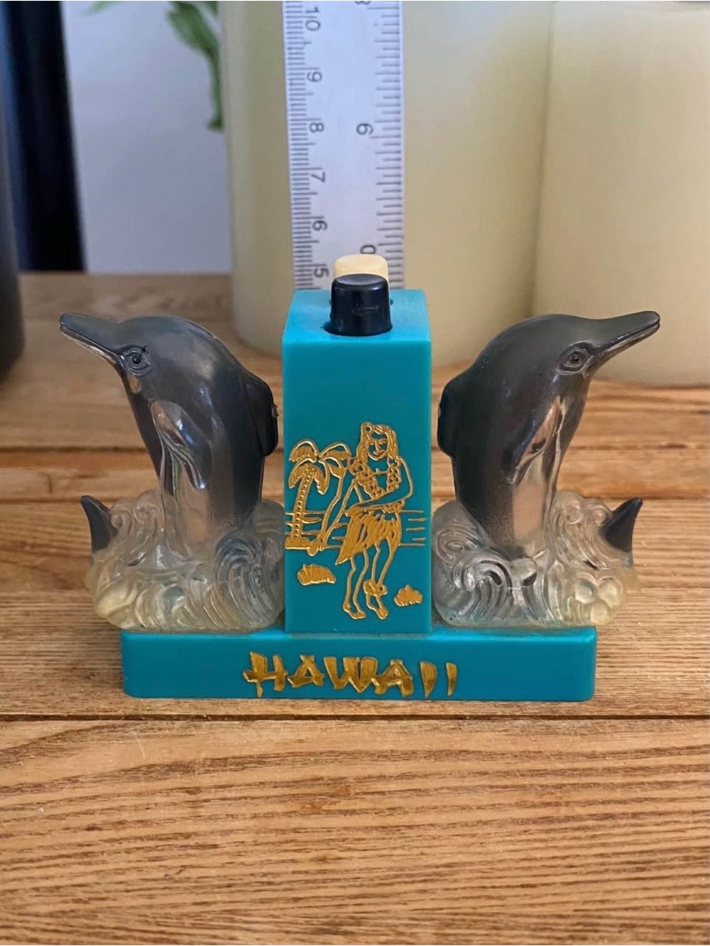 Vintage Hawaii Dolphin Mechanical Salt & Pepper Shakers Push Button Plastic